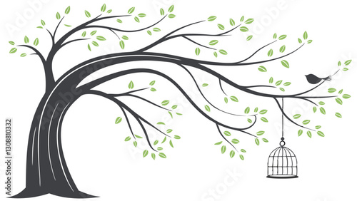 Spring Blossom Tree with Pink Flowers, Love Birdhouses, and Flying Birds – Elegant Nature Illustration on White Background