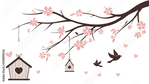Spring Blossom Tree with Pink Flowers, Love Birdhouses, and Flying Birds – Elegant Nature Illustration on White Background