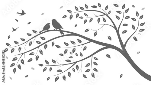 Spring Blossom Tree with Pink Flowers, Love Birdhouses, and Flying Birds – Elegant Nature Illustration on White Background