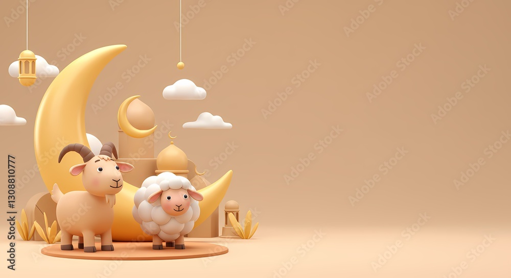 Eid al adha islamic decoration background with goat sheep crescent, in warm blue pastel color, copy space text area on right side, 3D illustration.
