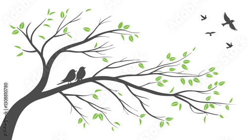 Spring Blossom Tree with Pink Flowers, Love Birdhouses, and Flying Birds – Elegant Nature Illustration on White Background