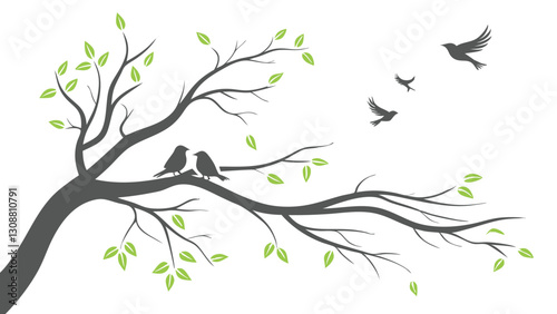 Spring Blossom Tree with Pink Flowers, Love Birdhouses, and Flying Birds – Elegant Nature Illustration on White Background