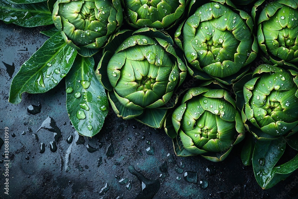 Obraz premium Fresh green artichokes with water droplets on dark background for culinary inspiration and farm-to-table design