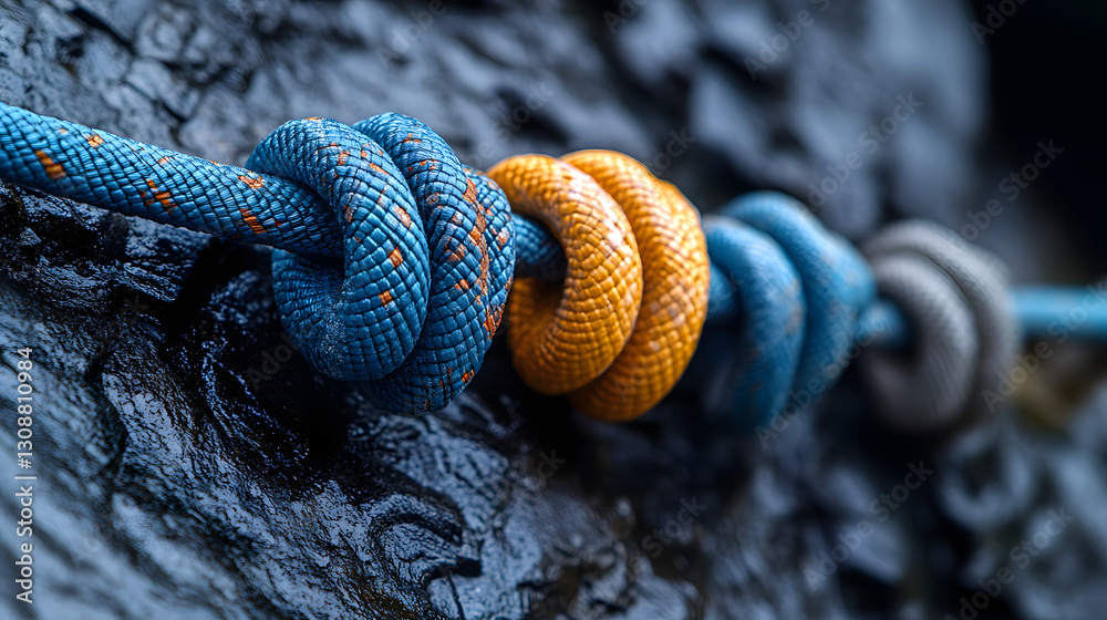Intertwined Strength: Close-up of a climbing rope secured with a series of colorful knots, showcasing strength and reliability.
