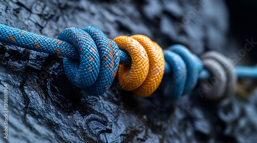 Obraz na płótnie Intertwined Strength: Close-up of a climbing rope secured with a series of colorful knots, showcasing strength and reliability. w salonie