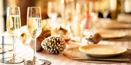 Wallpaper Mural Elegant table setting with champagne glasses, festive new year decor, and warm lighting. Champagne and decor create a festive, elegant atmosphere for celebrations. Festive New Year gala dinner. Torontodigital.ca