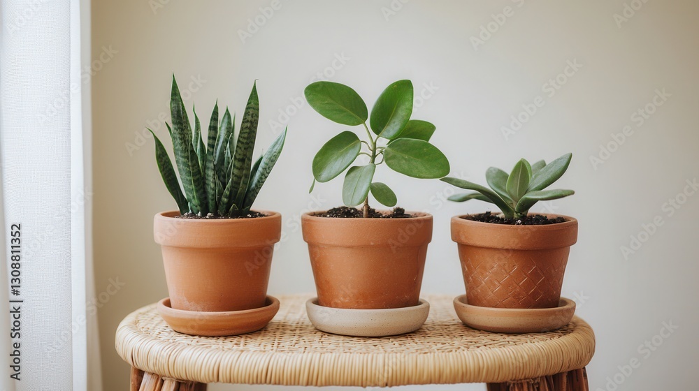 Fototapeta premium Trio of Potted Indoor Plants on a Rattan Table Against a Neutral Background
