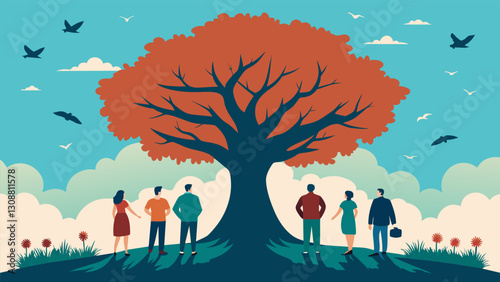 The group pauses to admire a majestic oak tree its branches stretching towards the sky and providing a home for numerous species of birds and insects.. Vector illustration