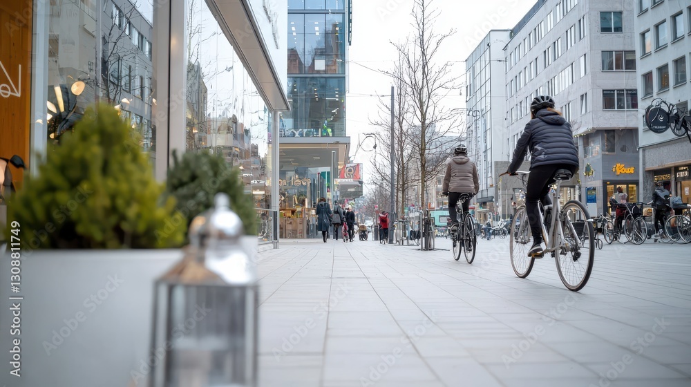 Obraz premium Cyclists ride through a bustling city street lined with shops and modern buildings on a crisp day.