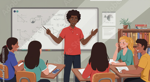 Vector class, teacher, teacher, classroom discussion, illustration 