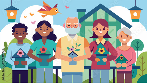 Residents proudly display their homemade birdhouses planters and other DIY decorations on their front porches showcasing their creativity and adding. Vector illustration