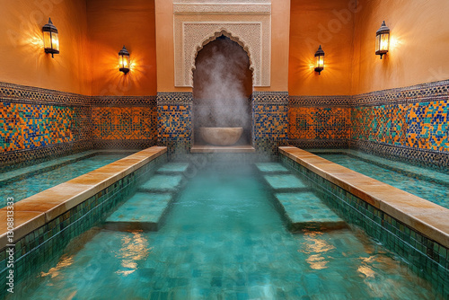 A serene scene of a traditional hammam in Morocco with steam and ornate tiles