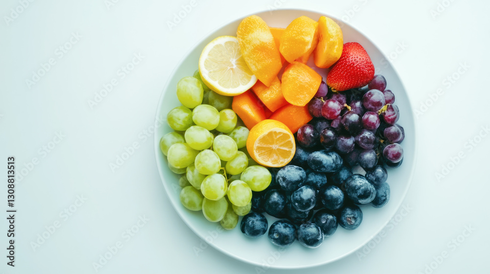 Colorful plate of fresh fruit: grapes, strawberries, lemons, oranges, apricots Colorful plate of fresh fruit: grapes, strawberries, lemons, oranges, apricots