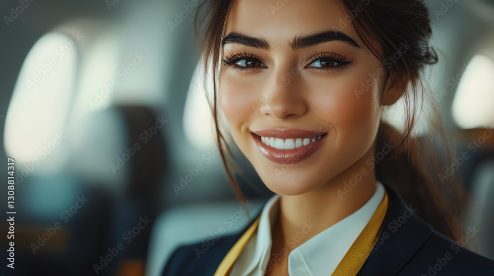 Closeup Elegant air hostess in a stylish uniform, welcoming passengers with a warm smile, hospitality in aviation Closeup Elegant air hostess in a stylish uniform, welcoming passengers with a warm smile, hospitality in aviation