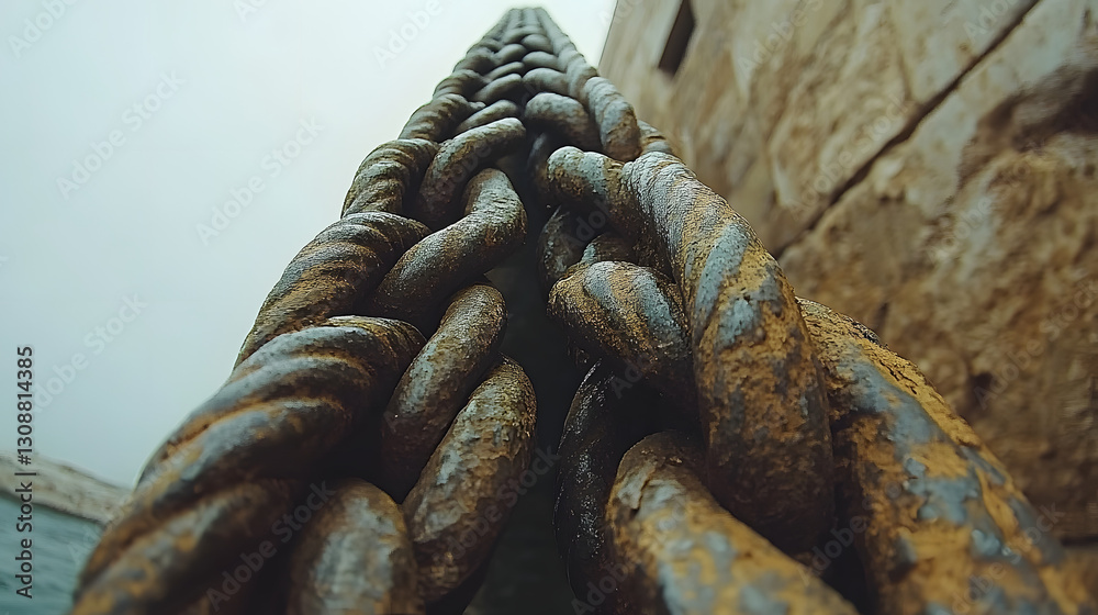 Ascending Metal Embrace: A robust, weathered metal chain ascends dramatically against a rough stone edifice, its texture and form captivating the viewer