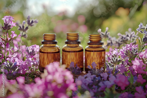 Bach flower therapy: A calming image of Bach flower remedies displayed with nature elements in the background.