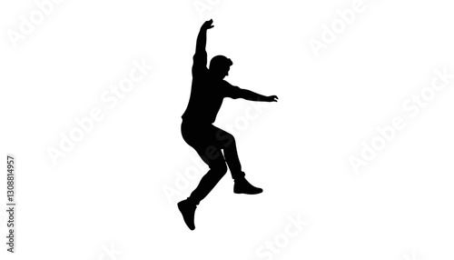 Silhouette of man jumping in mid-air against white background