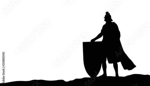 Silhouette of a warrior standing with shield against white background