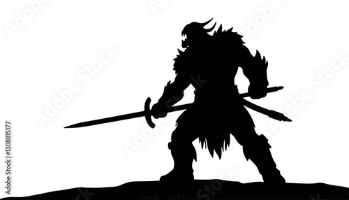 Warrior silhouette holding sword against white background