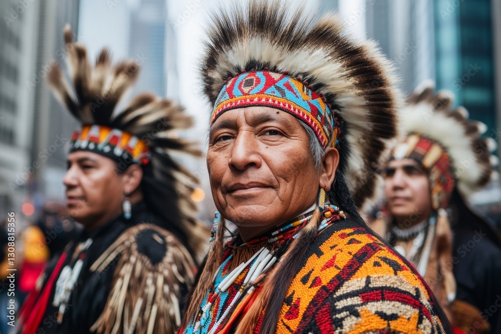 Fototapeta premium A Native American Day parade with participants in traditional attire, waving flags and showcasing cultural pride