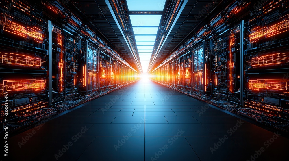 Fototapeta premium Light at the End of a Futuristic Data Center Corridor with Neon Technology Glow