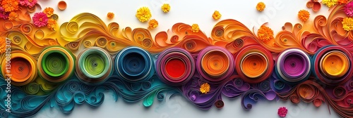 Festive Holi Banner with Quilled Earthen Pots, Color Splashes, and Paper-Cut Marigold Garlands