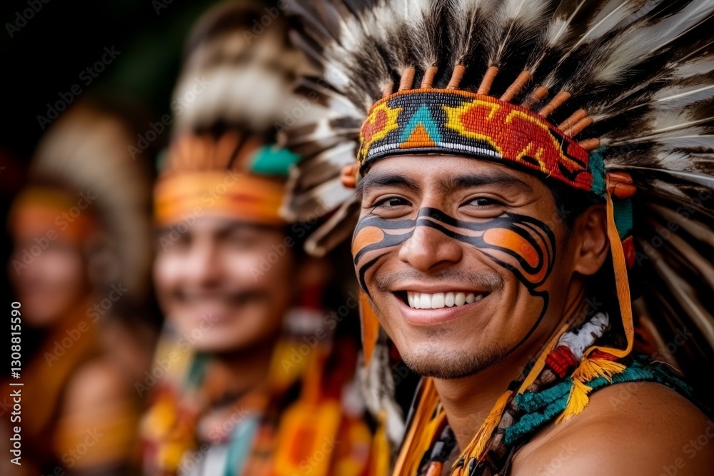 A Native American Day parade with participants in traditional attire, waving flags and showcasing cultural pride
