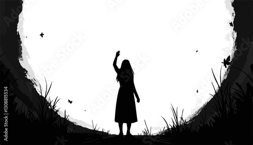 Silhouette of a girl waving in a field with butterflies