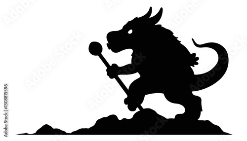Mythical creature holding staff on rocky terrain