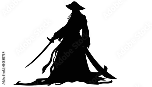 Silhouette of a warrior holding swords against a white background