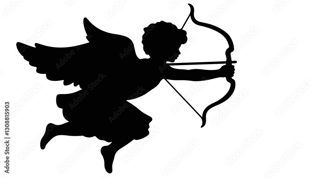 Fototapeta premium Cherubic silhouette aiming arrow against white background