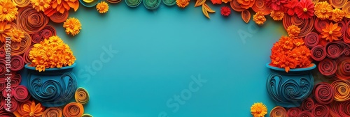 Festive Holi Banner with Quilled Earthen Pots, Color Splashes, and Paper-Cut Marigold Garlands