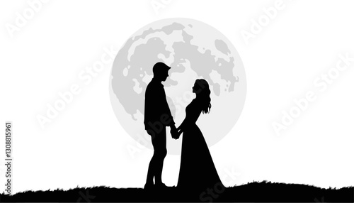 Couple silhouetted against a full moon