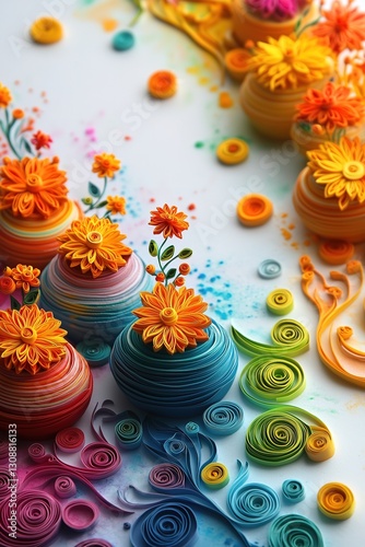 Festive Holi Banner with Quilled Earthen Pots, Color Splashes, and Paper-Cut Marigold Garlands