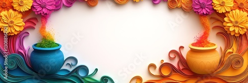 Festive Holi Banner with Quilled Earthen Pots, Color Splashes, and Paper-Cut Marigold Garlands