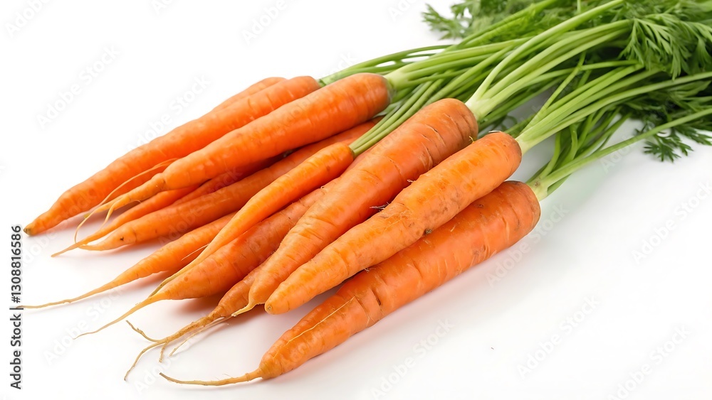 A bunch of vibrant orange baby carrots with green tops, freshly harvested, on a white background A bunch of vibrant orange baby carrots with green tops, freshly harvested, on a white background