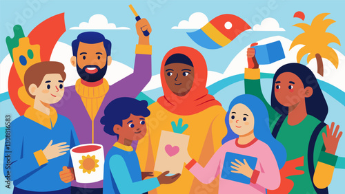 Some refugees who may have never had access to art supplies or the opportunity to create are amazed at the vibrant colors and materials available to. Vector illustration