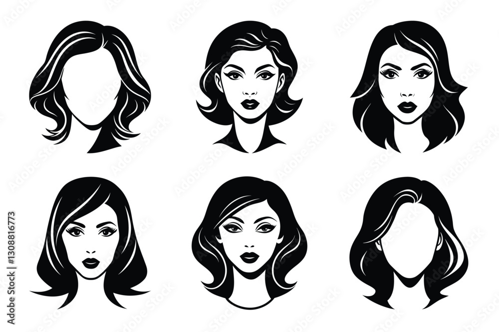 set of beautiful women faces profiles silhouette Vector Illustration. with long hair, female head icon set of beautiful women faces profiles silhouette Vector Illustration. with long hair, female head icon
