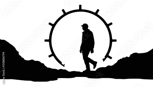Person walking in silhouette against circular design backdrop