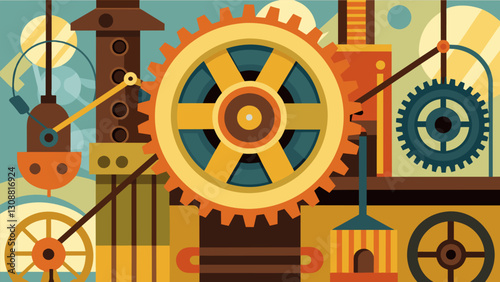 Visitors can see the intricate patterns of the gears and pulleys inside the mill marveling at the engineering genius that made it all possible.. Vector illustration