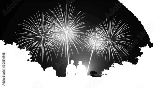 Couple admiring fireworks against a dark night sky