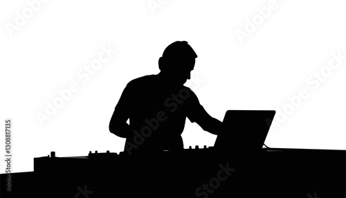 Silhouette of DJ performing at laptop against white background