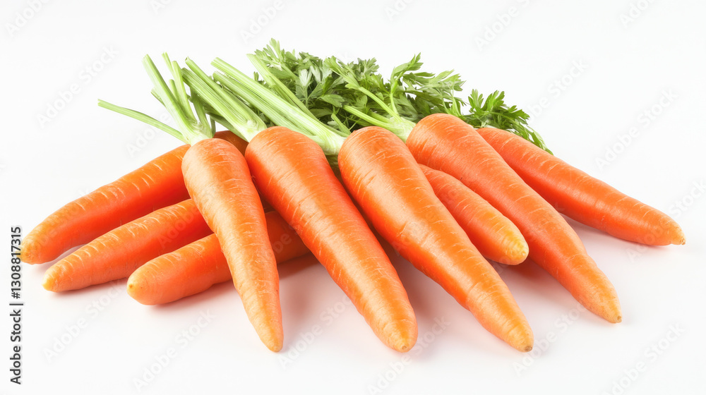 Fresh organic carrots on white background with green tops Fresh organic carrots on white background with green tops