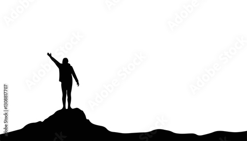 Silhouette of a person celebrating on a hilltop against a white background