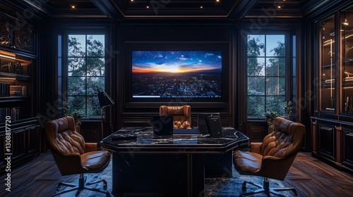 Luxurious Dark Wood Home Office with Panoramic City View