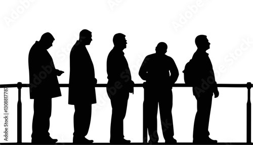 Silhouettes of men waiting in line against a white background