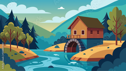 The soothing contrast of the cool river water against the warm wood of the mill creates a serene oasis inviting visitors to take a step back in time.. Vector illustration