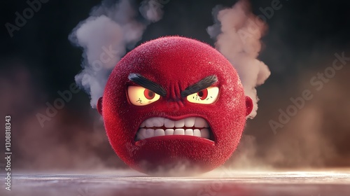 A red, angry character with fierce eyes and steam emanating from it, conveying intense emotions in a vibrant, animated style.