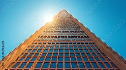 Obraz na płótnie Rising to the Sky: A striking low-angle shot captures the majestic skyscraper against the clear blue sky, emphasizing the building's impressive height. w salonie