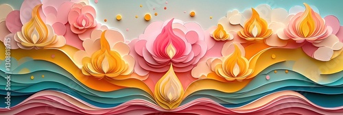 Colorful 3D Paper-Cut Holi Design with Swirling Powdered Colors and Elegant Diya Cutouts